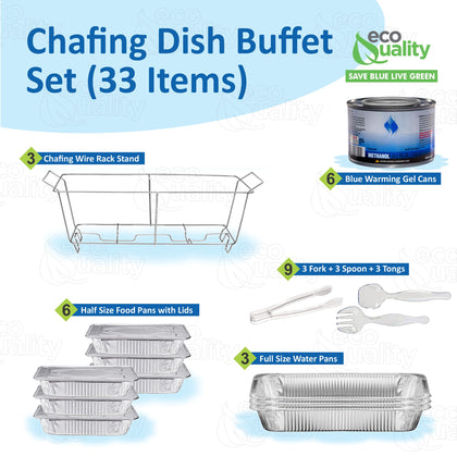 disposable chafing dish set buffet catering kit full size pans half size pans aluminum food warmers lids serving utensils fuel cans wire racks party supplies event catering food presentation professional buffet setup weddings birthdays corporate BBQ gatherings family events serving tools durable materials heavy duty food grade heat resistant disposable convenient easy cleanup