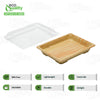 Rectangular bamboo look sushi container with clear plastic lid for takeout