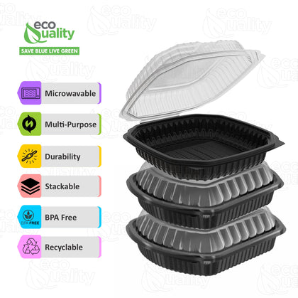 EcoQuality black hinged takeout container with clear lid 38oz 9x9x3 inches
