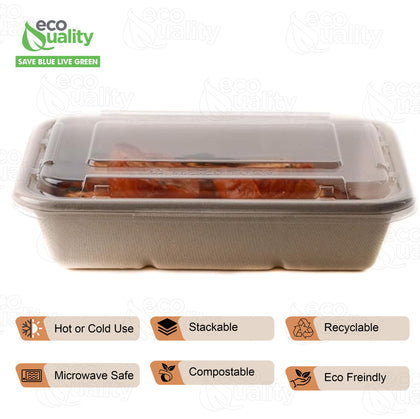 Compostable Rectangular Food Containers with Lids, Ecofriendly Take- Out, Made With Bagasse