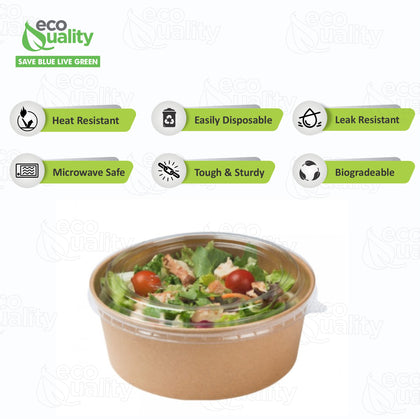 EcoQuality Kraft Paper Bowl with Clear Lid Disposable 16oz 150mm