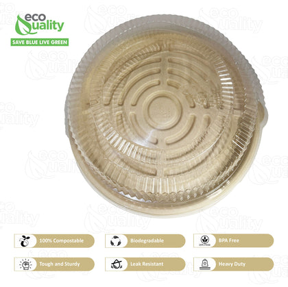 Round twelve inch sugarcane bagasse catering tray with clear plastic dome lid for food display