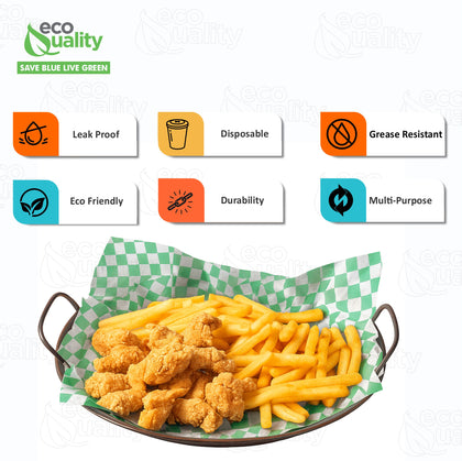 Green checkerboard food basket liner sheets grease resistant 12x12