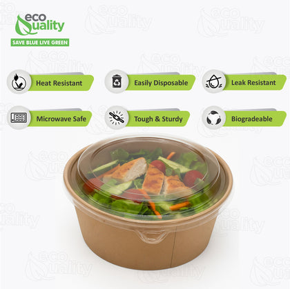 EcoQuality Kraft Paper Bowl with Clear Lid Disposable 32oz 150mm