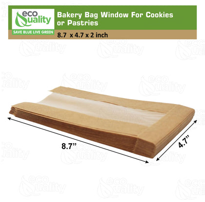 Brown Kraft Bakery Bag with Clear Window for Cookies, Pastries, Sandwich, Nuts - Grease Resistant (11X7.1, 8.7X4.7)