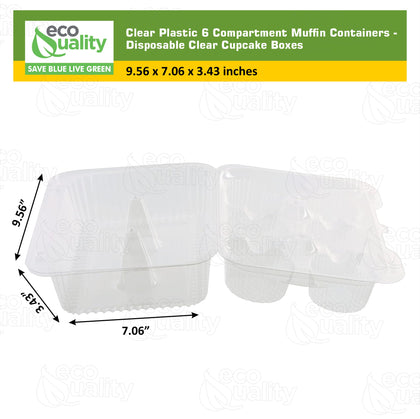 Clear Plastic 6 Compartment Muffin Containers - Disposable Cupcake Holder Boxes with Hinged Design