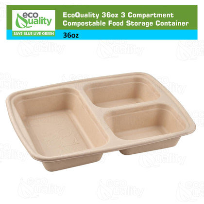 Compostable 36oz 3 Compartment Food Storage Container with Lids Sugarcane