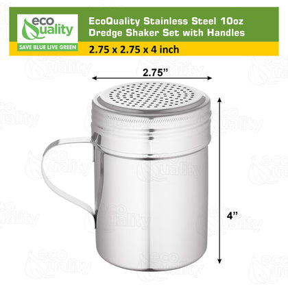 Stainless Steel Versatile Dredge Shaker Set with Handles 10 Ounce - Salt, Pepper, Sugar, Condiments, Oregano, Spices Shaker for Restaurants, Baking, Cooking by EcoQuality (10oz)