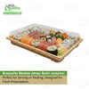 Rectangular bamboo look sushi container with clear plastic lid for takeout