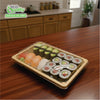 Rectangular bamboo look sushi container with clear plastic lid for takeout
