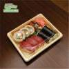 Rectangular bamboo look sushi container with clear plastic lid for takeout