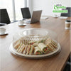 Round twelve inch sugarcane bagasse catering tray with clear plastic dome lid for food display
