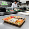Rectangular bamboo look sushi container with clear plastic lid for takeout