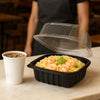 EcoQuality white foam clamshell take out boxes open and stacked