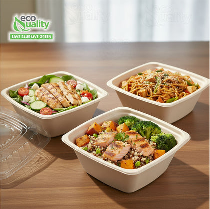 32oz Eco Friendly Disposable Square Bowls Compostable Container with Dome Lids