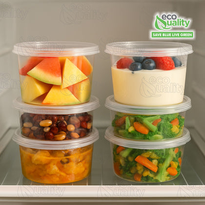 Round Plastic Deli Food Storage Containers with Lids Translucent Clear (8oz, 16oz, 32oz)