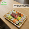 Rectangular bamboo look sushi container with clear plastic lid for takeout