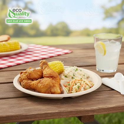 Compostable Natural 3 Compartment Sugarcane Round Plates 100% Biodegradable
