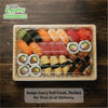 Rectangular bamboo look sushi container with clear plastic lid for takeout