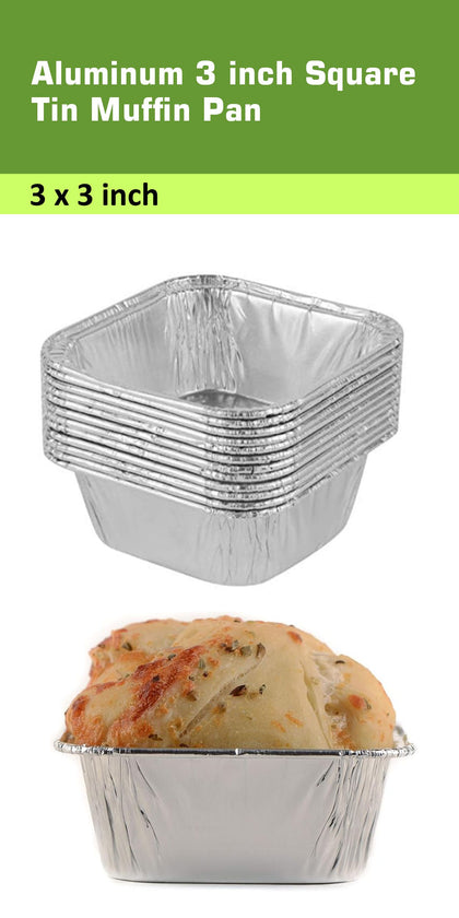 Aluminum Square Tin Muffin Pan 3 inch - Disposable Aluminum Cupcake Pans - Strong, Durable, Reusable, Recyclable - Muffin Tin Great for Baking Cupcakes, Muffins, Small Pies, Loafs (3 x 3)