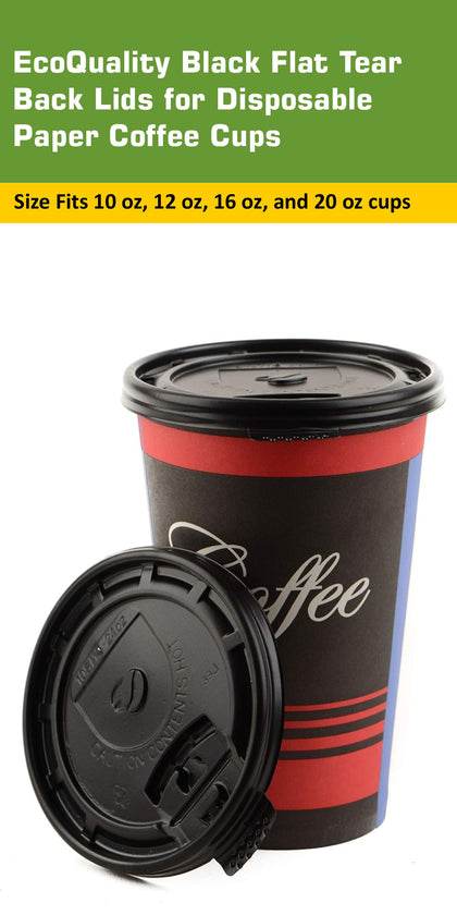 Black Flat Tear Back Lids for Hot Cup, Coffee Cup, Paper Cup - Universal Size Fits 10,12,16,20oz Disposable Cups - Black Coffee Cup Lids Standard 90mm