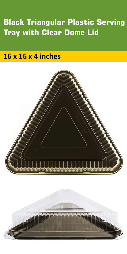 Black Triangle Catering Serving Tray Platter 16x16 with Clear Dome Lid - Dessert Carrier