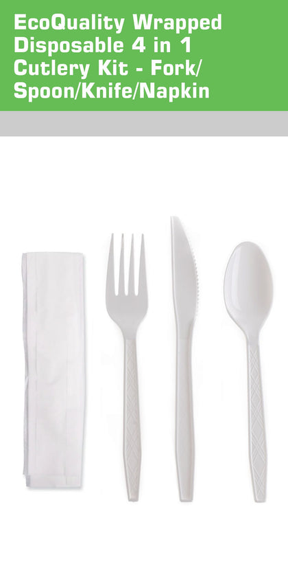Disposable Plastic Wrapped White Heavy Duty Cutlery Kit 4 in 1 - Fork/Spoon/Knife/Napkin