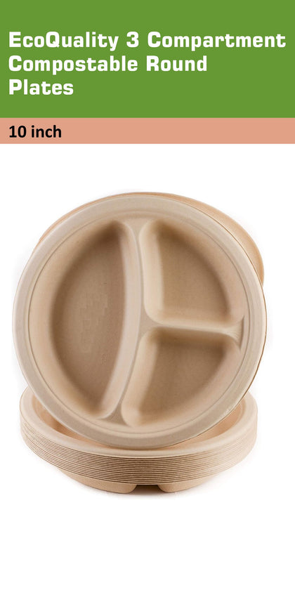 Compostable Natural 3 Compartment Sugarcane Round Plates 100% Biodegradable