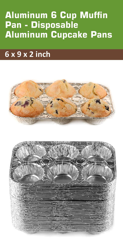 Aluminum 6-Cup Muffin Pan - Disposable Aluminum Cupcake Pans - Reusable, Recyclable - Muffin Tin Great for Baking Cupcakes, Muffins, Small Pies