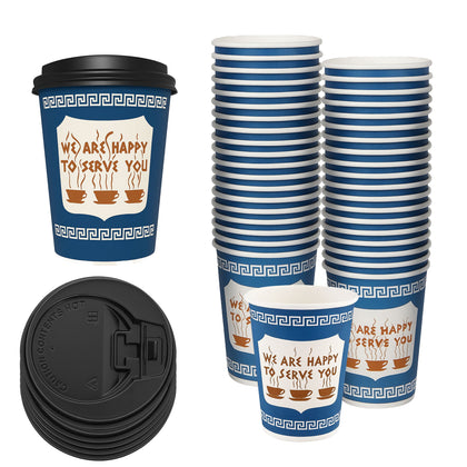 Anthora Greek Hot Cold Coffee Cups with Black Dome Lids (10oz 12oz 16oz)