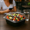 EcoQuality 36oz black plastic container with clear dome lid