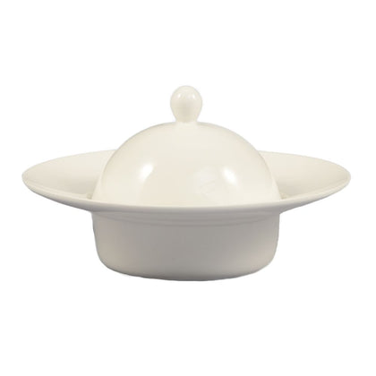 Pasta Bowl with Lid 9.5oz, durable ceramic serving bowl with a 7 1/4-inch base and 4 1/4-inch lid. Ideal for pasta, soups, and side dishes. Elegant, microwave & dishwasher safe.