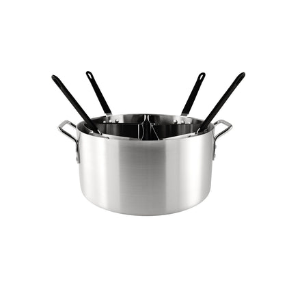 Aluminum 5-piece pasta cooker set with stock pot, strainer, steamer insert, and lid; lightweight, durable, and multi-functional for boiling, steaming, and draining with ease.