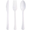 Deluxe cutlery combo featuring clear, pearl, yellow, pink, hydrangea, light blue, silver, and gold options. Elegant, durable, and disposable utensils ideal for weddings, parties, and events with easy cleanup.