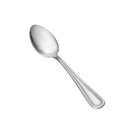 Pearl Dinner Spoon 18/0 heavy weight, 7-1/4 inches, polished stainless steel with beaded edge. Perfect for serving soups and entrees in restaurants, catering, or home dining environments.