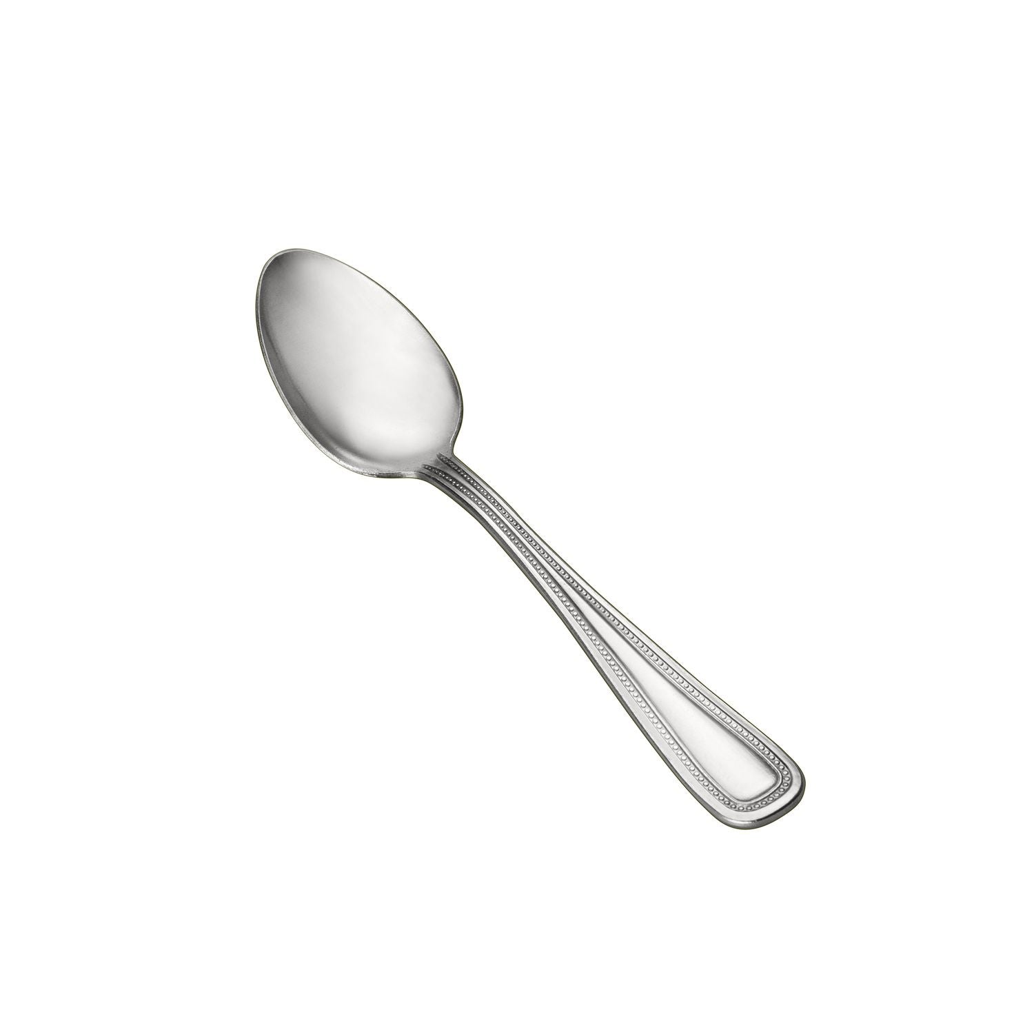 Pearl Teaspoon 18/0 heavy weight, 6 inches, durable stainless steel with a classic beaded edge and polished finish. Ideal for tea, coffee, or desserts in restaurants, catering, or home settings.