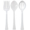 Utensils Serving Set – Includes a spoon, fork, and slotted spoon. Available in Clear, Pearl, and Black. Durable, reusable, and perfect for serving salads, appetizers, and main courses.