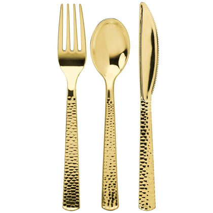 Pebbled Gold Combo Cutlery Set, featuring forks, knives, and spoons. Durable, elegant disposable tableware with a pebbled gold texture. Perfect for weddings, parties, and upscale events.