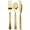 Pebbled Gold Combo Cutlery Set, featuring forks, knives, and spoons. Durable, elegant disposable tableware with a pebbled gold texture. Perfect for weddings, parties, and upscale events.