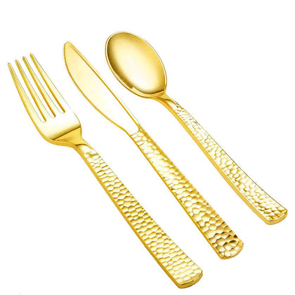 Pebbled Gold Combo Cutlery Set, featuring forks, knives, and spoons. Durable, elegant disposable tableware with a pebbled gold texture. Perfect for weddings, parties, and upscale events.