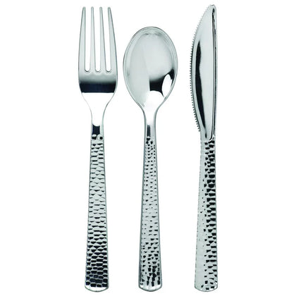 Pebbled Metallic Silver Combo Cutlery Set with forks, knives, and spoons. Durable and stylish disposable cutlery featuring a metallic silver finish, perfect for weddings, events, and casual gatherings.