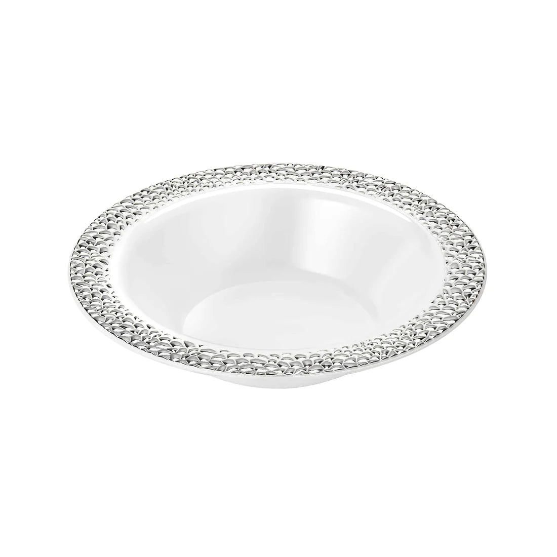 Pebbled Premium Silver Bowls in 14oz and 5oz sizes. Durable, reusable, and elegant dinnerware with a silver finish and pebbled texture. Perfect for soups, salads, desserts, and catering events.