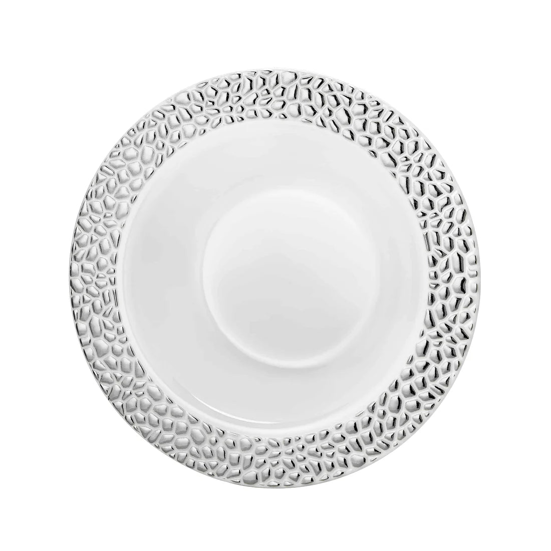 Pebbled Premium Silver Bowls in 14oz and 5oz sizes. Durable, reusable, and elegant dinnerware with a silver finish and pebbled texture. Perfect for soups, salads, desserts, and catering events.