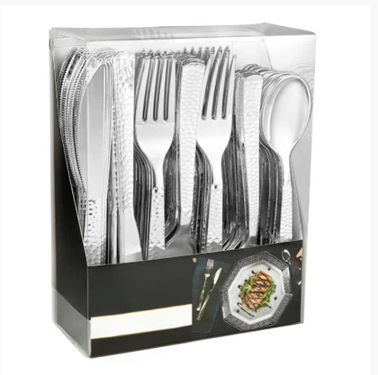 Pebbled Silver Combo Cutlery Set with forks, knives, and spoons. Elegant, durable disposable cutlery with a sleek silver finish. Perfect for weddings, parties, and upscale or casual events.