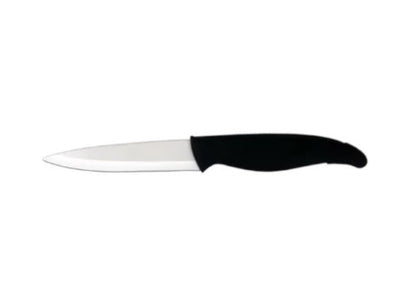 A 4-inch white ceramic paring knife with a sleek, ergonomic design, perfect for precise cutting and peeling.



