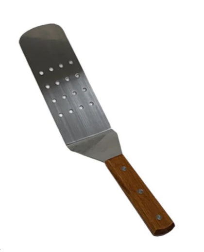 Stainless steel perforated spatula with wooden handle.
