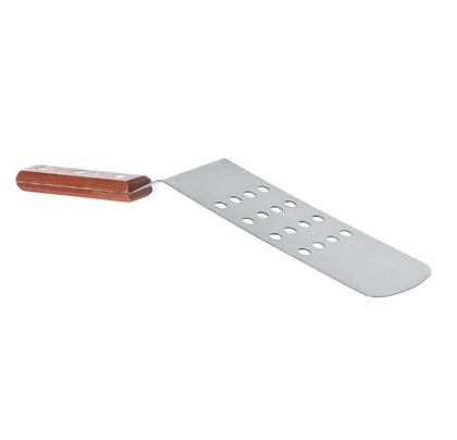 Heat-resistant perforated spatula for flipping fish.

