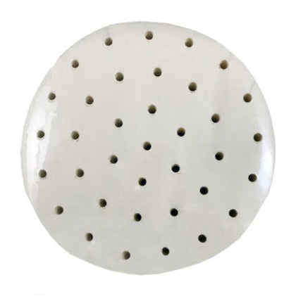 Perforated dim sum paper, 10.5 inches, designed for 12-inch bamboo steamers, ensuring even steaming and easy food release.



