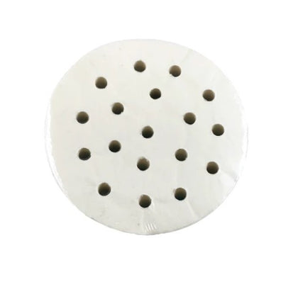 Perforated dim sum paper, 5 inches, designed for 6-inch bamboo steamers, ensuring even steaming and easy food release.



