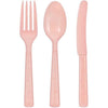 Disposable combo cutlery sets in pink, red, light blue, hot pink, silver, gold, blue, and black. Includes forks, knives, and spoons. Durable and stylish for weddings, parties, and hassle-free cleanup.